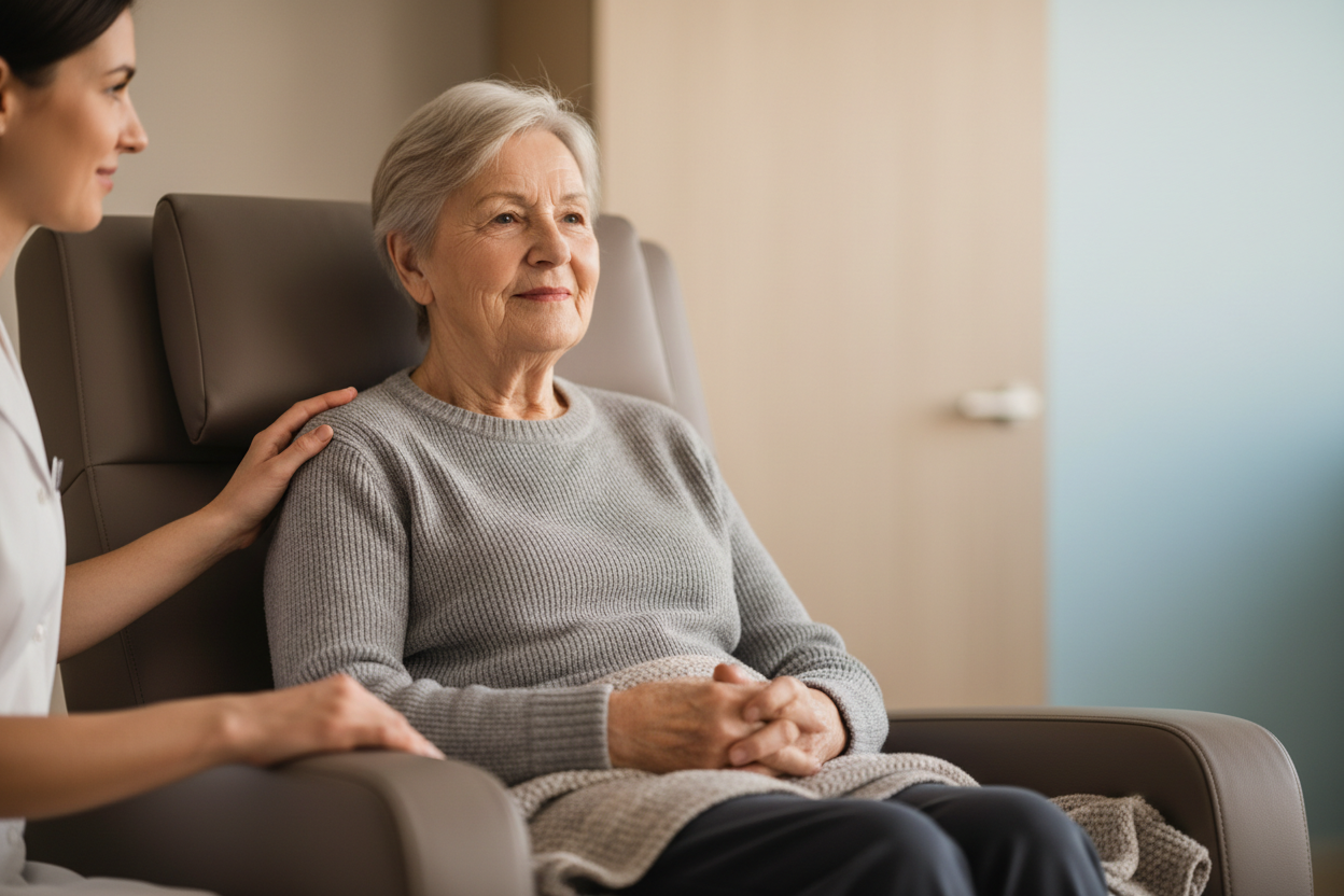Woman sitting in a chair with an elderly woman, possibly in a caregiving or support role.